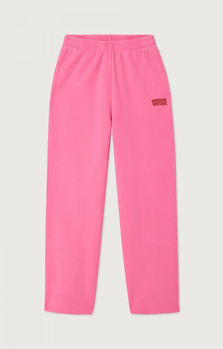 Pink sweatpants with a logo on a light gray background