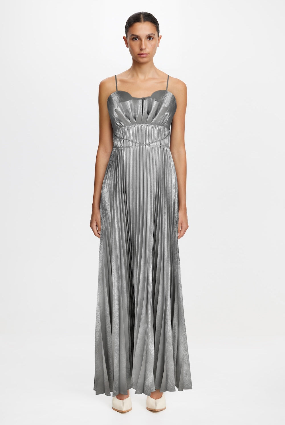 acler metallic silver maxi dress sleeveless