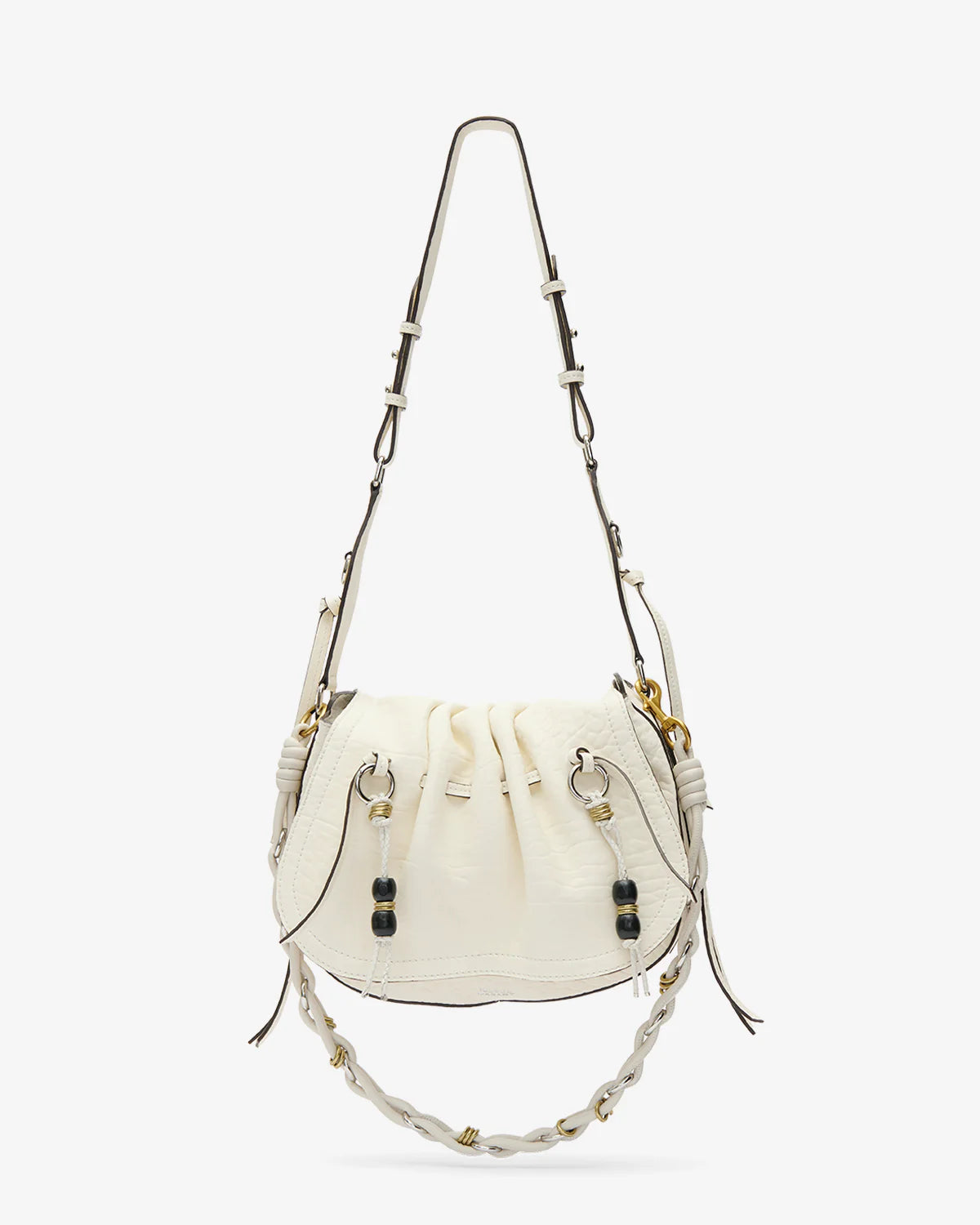 White handbag with drawstring and decorative elements on a white background