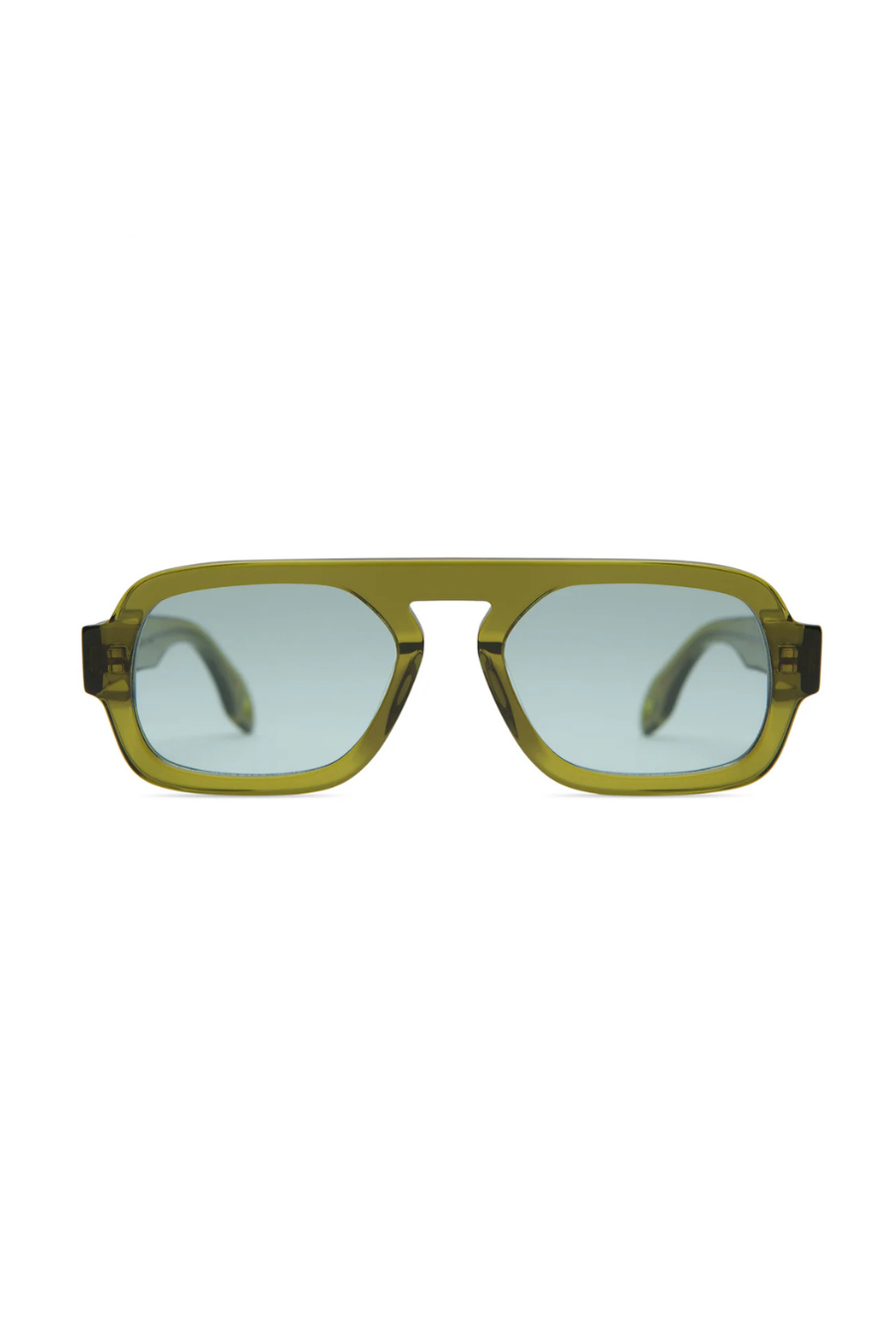 Sunglasses with green frame and clear lenses on a white background