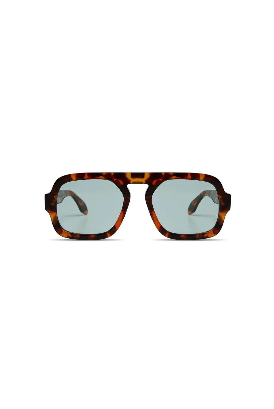 Sunglasses with tortoiseshell frame and blue lenses on a white background