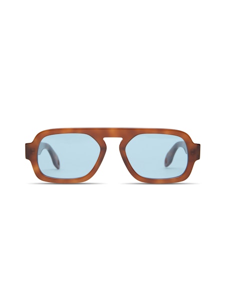 Sunglasses with brown frame and light blue lenses on a white background