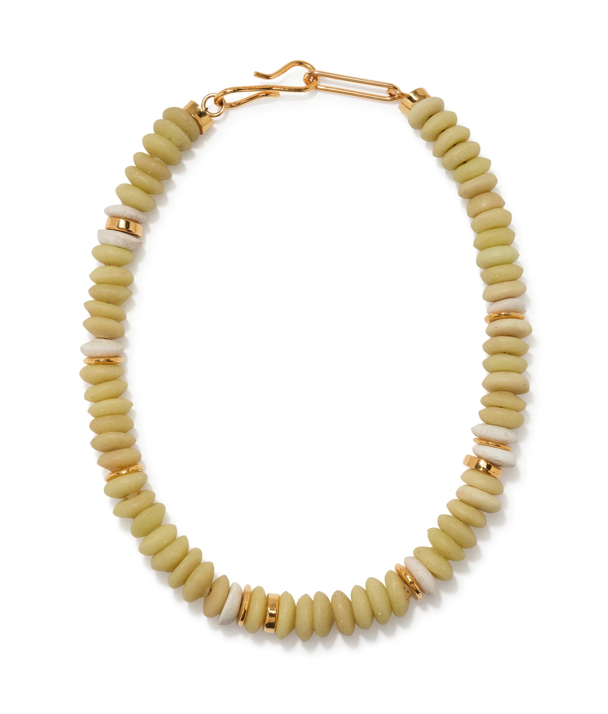 Necklace with beige beads and gold accents on a white background