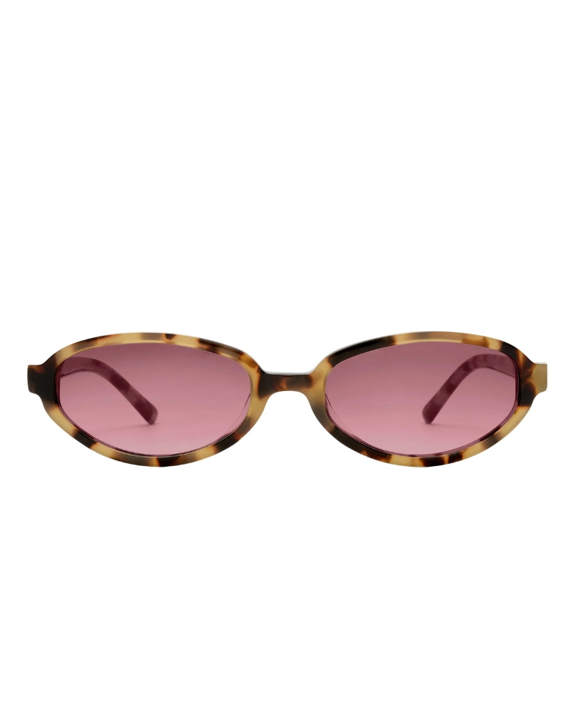 Sunglasses with tortoiseshell frame and pink lenses on a white background