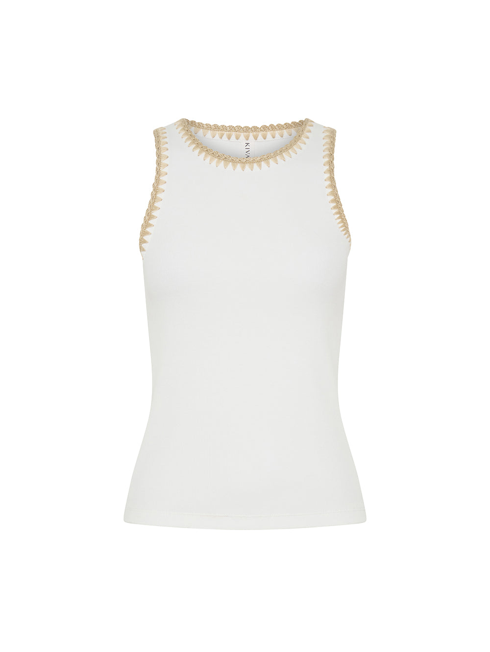 White sleeveless top with gold trim on a white background