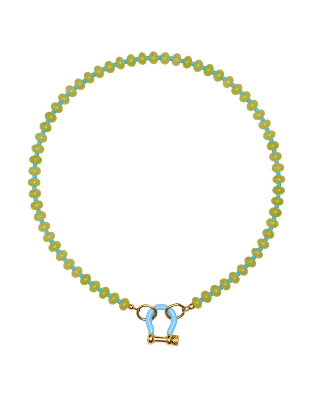 spicy dan Necklace with green beads and a gold clasp on a white background