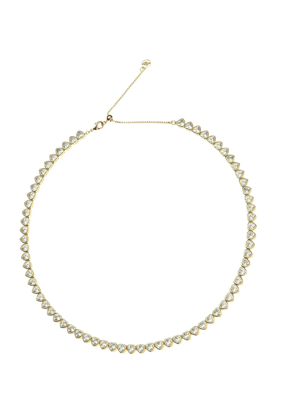 Gold necklace with clear stones on a white background