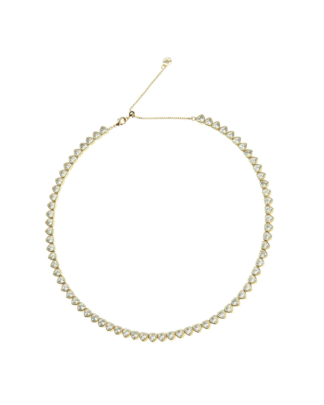 Gold necklace with clear stones on a white background