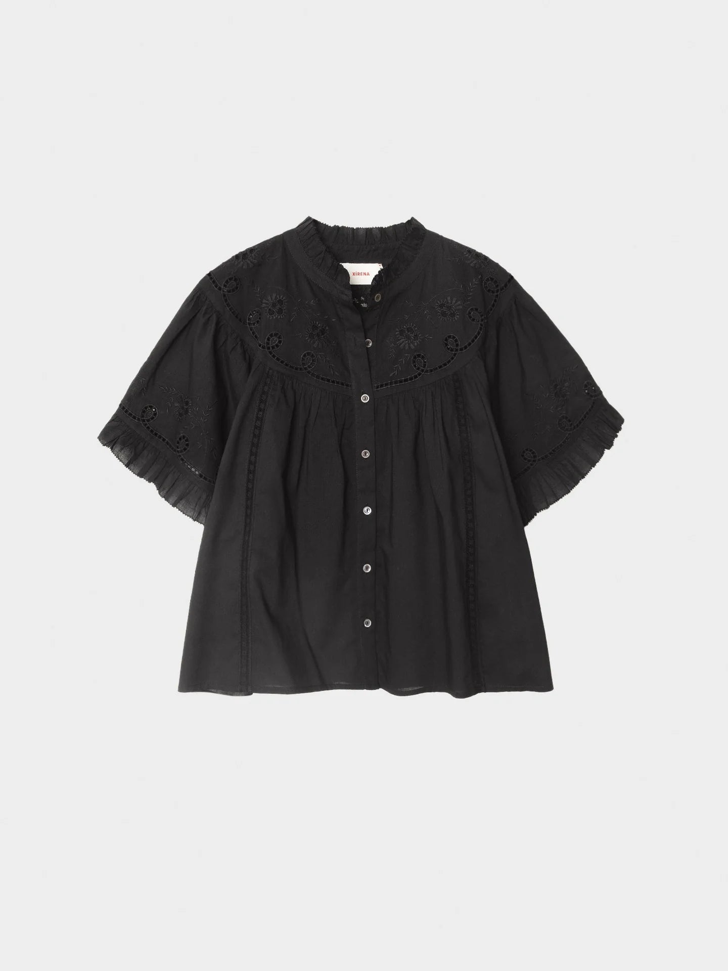 Black blouse with ruffled sleeves on a white background