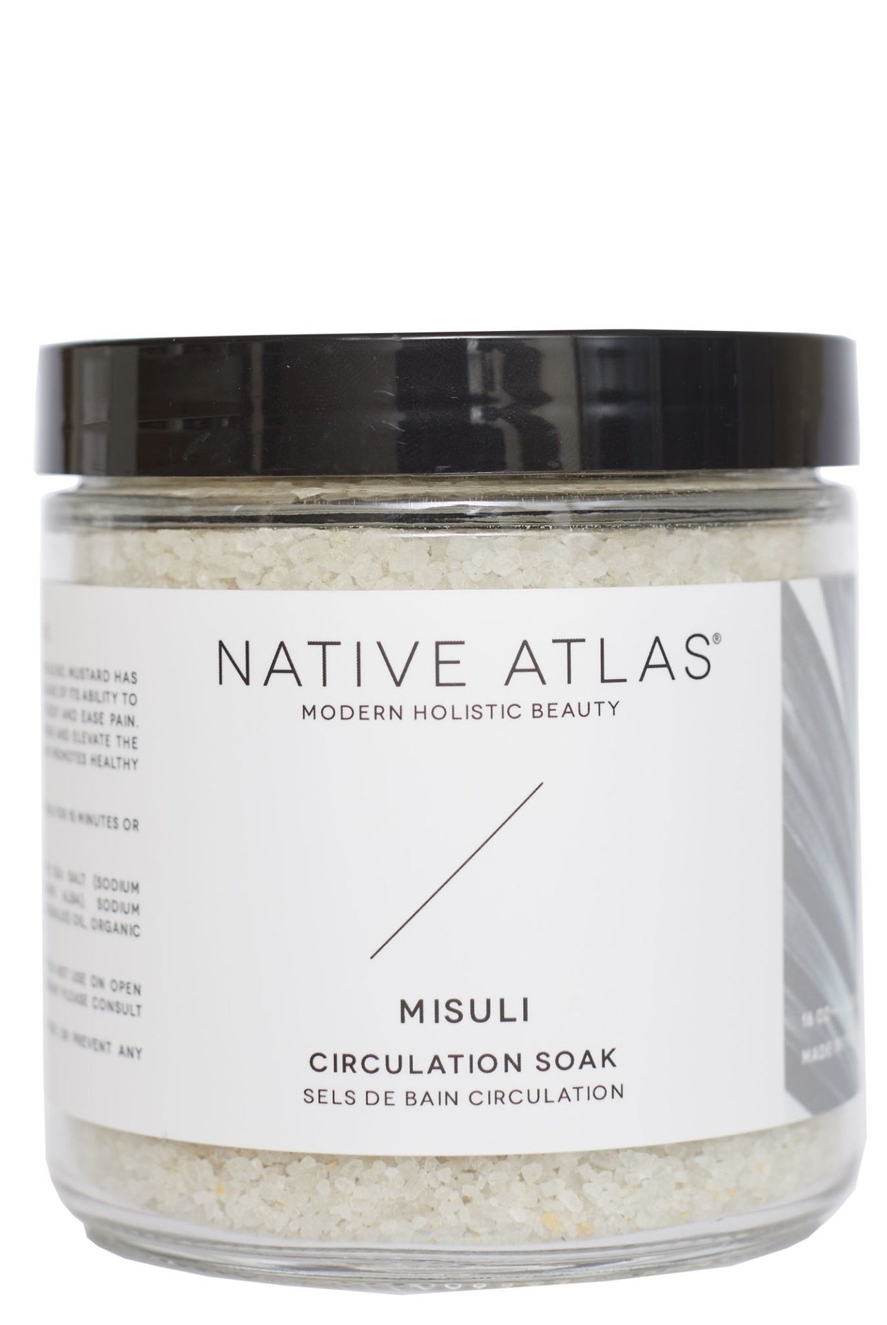 A 16oz jar labeled 'Native Atlas Misuli Circulation Soak' containing white bath salts.
