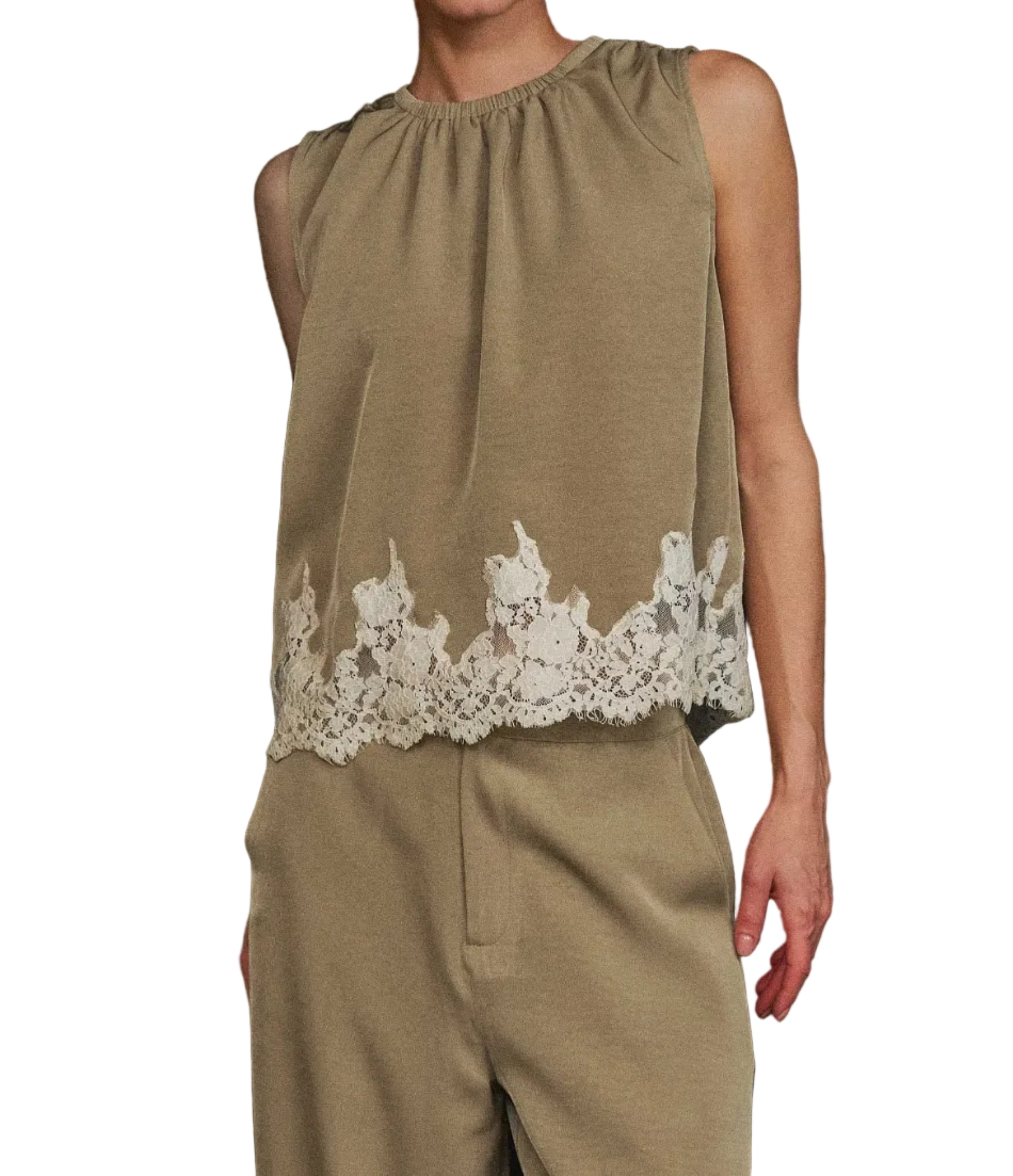 A model wearing a sleeveless olive green top with a white lace hem and matching olive green trousers, set against a solid black background.