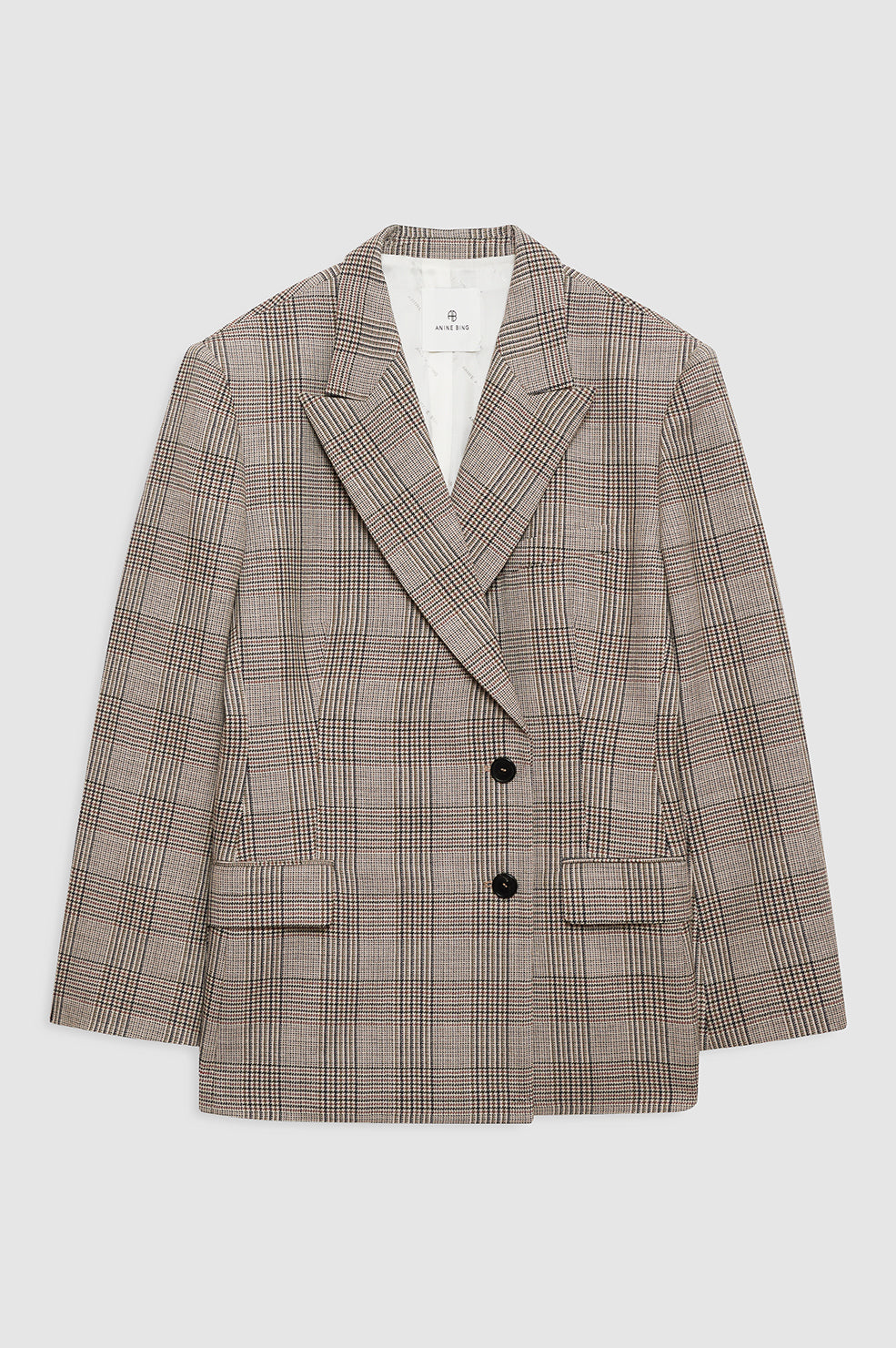 Plaid blazer with black buttons on a white background