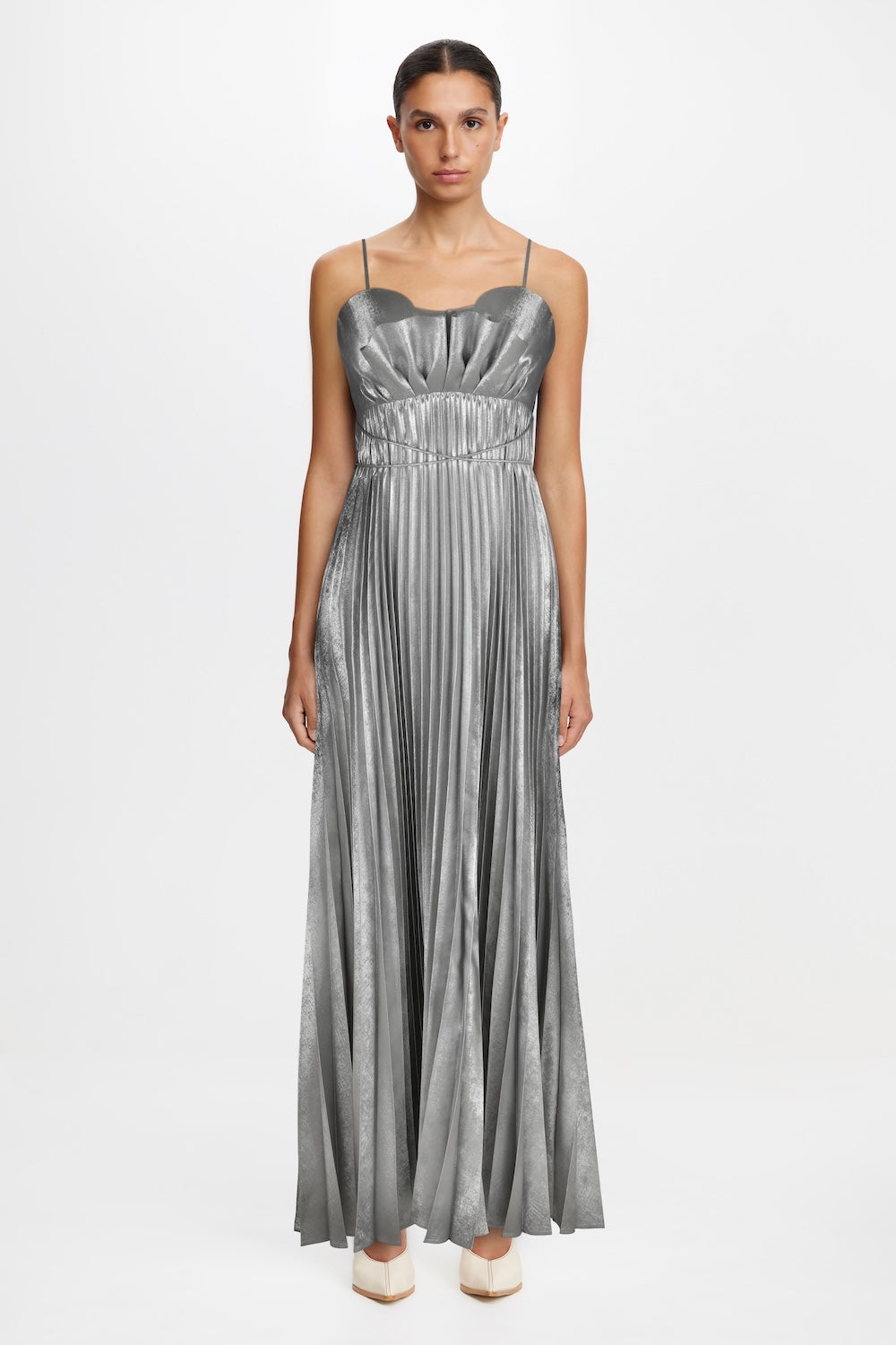 acler metallic silver maxi dress sleeveless