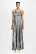 acler metallic silver maxi dress sleeveless