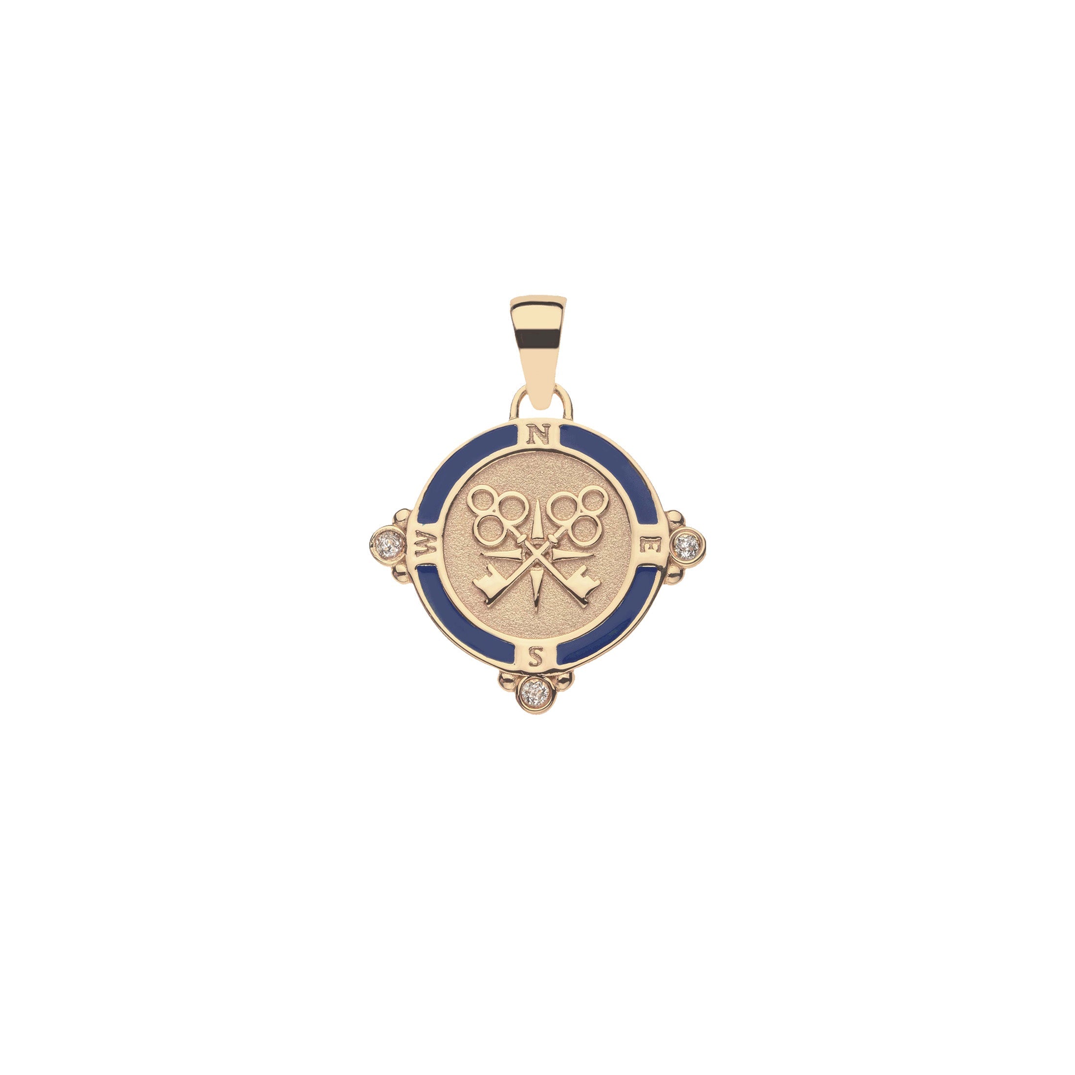 Gold and blue pendant on a white background