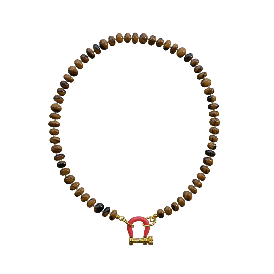 Necklace with wooden beads and a pink and gold clasp on a white background