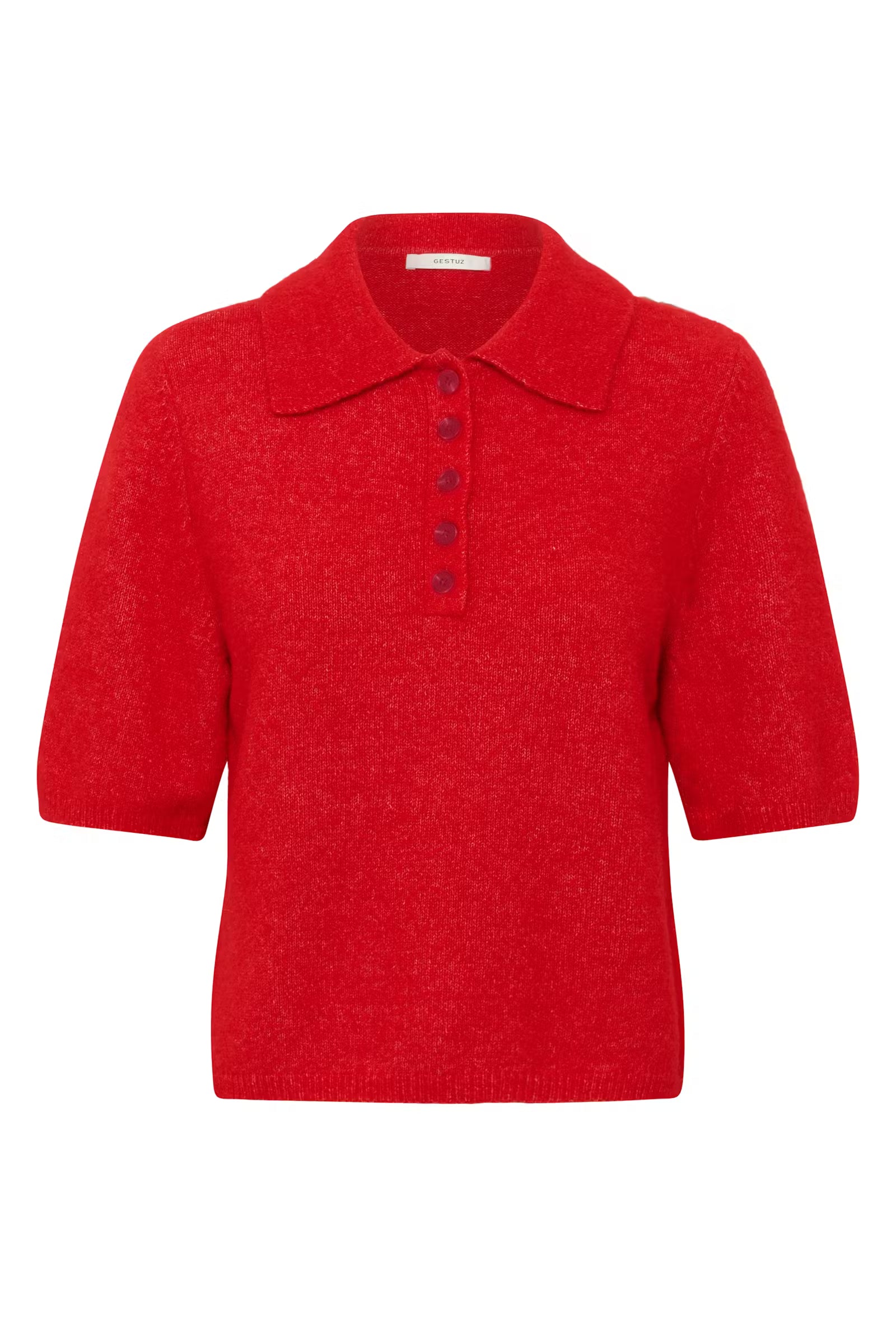 Red knitted sweater with a collar on a white background