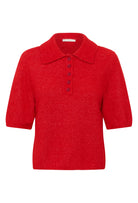 Red knitted sweater with a collar on a white background