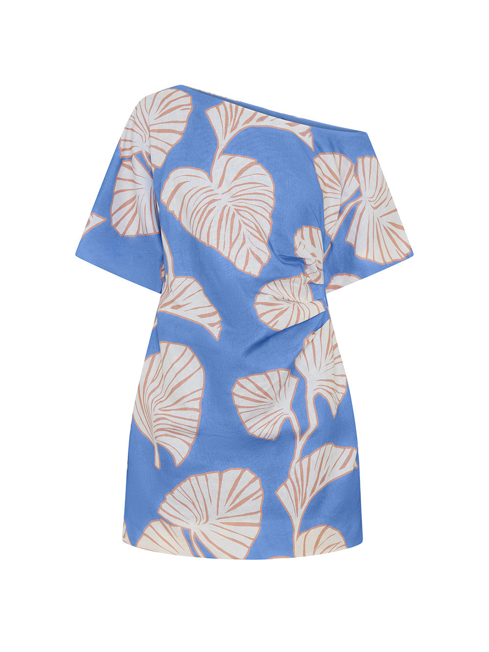 Blue dress with beige leaf pattern on a white background