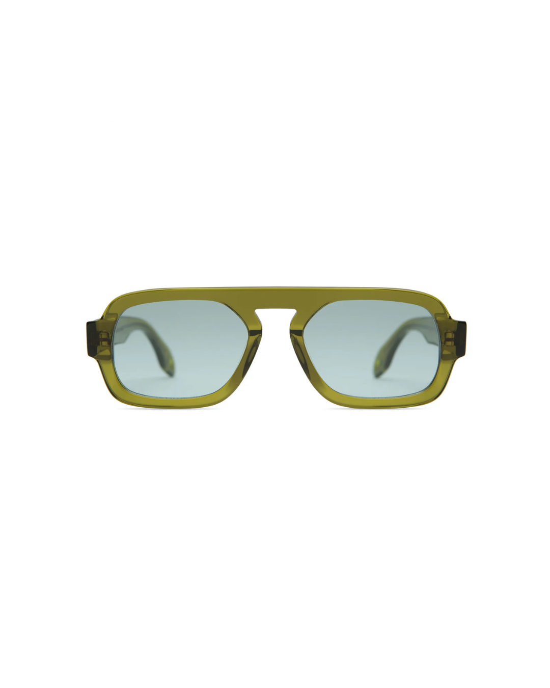Sunglasses with green frame and clear lenses on a white background
