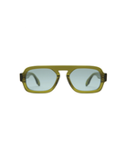 Sunglasses with green frame and clear lenses on a white background