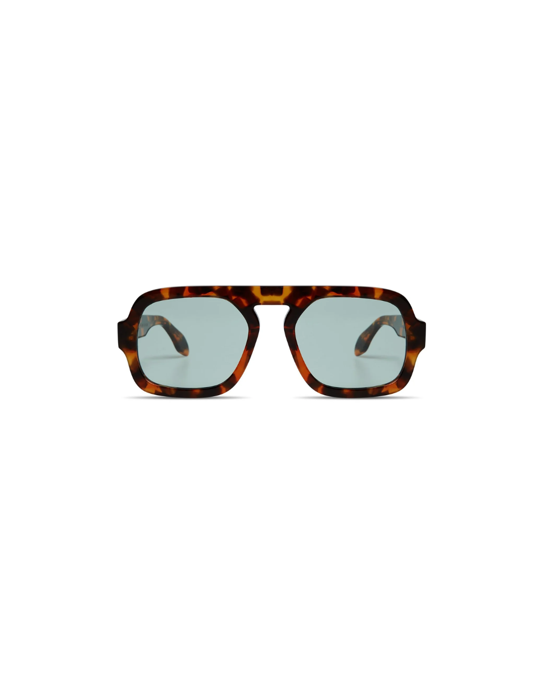 Sunglasses with tortoiseshell frame and blue lenses on a white background