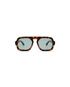 Sunglasses with tortoiseshell frame and blue lenses on a white background