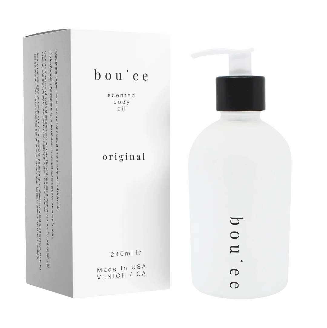 Bouée scented body oil bottle and packaging on a white background