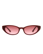 Sunglasses with a maroon frame and pink lenses on a white background