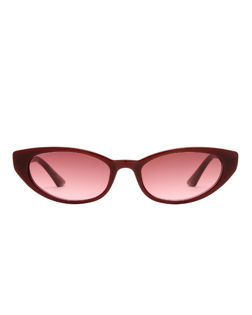 Sunglasses with a maroon frame and pink lenses on a white background