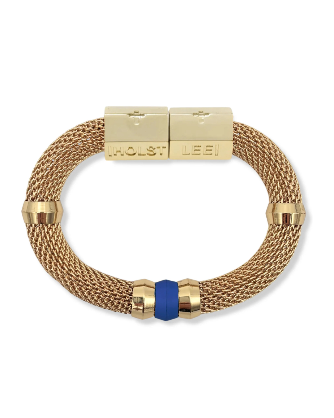 Gold bracelet with blue accent on a white background