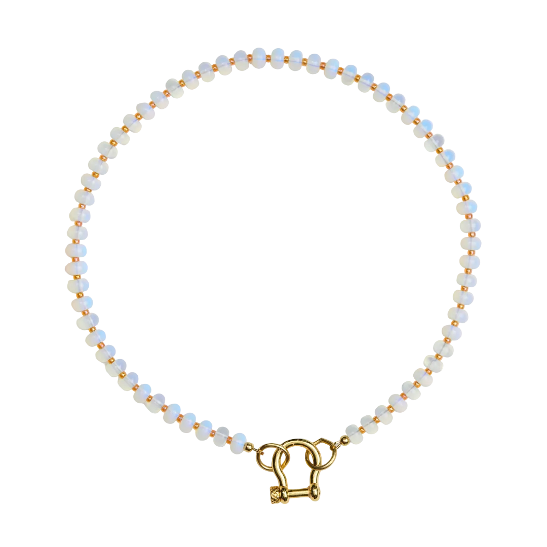 Beaded necklace with a gold clasp on a light gray background