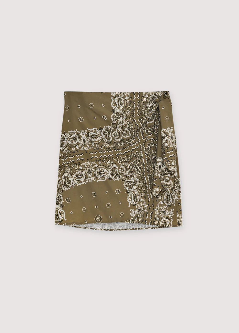 Olive green bandana with white patterns on a white background