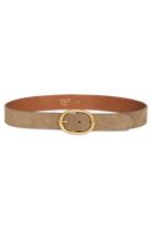 Tan belt with gold buckle on a white background