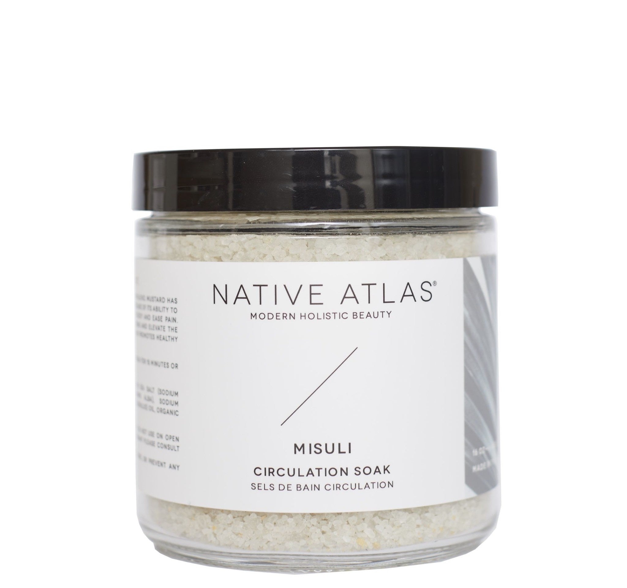A 16oz jar labeled 'Native Atlas Misuli Circulation Soak' containing white bath salts.