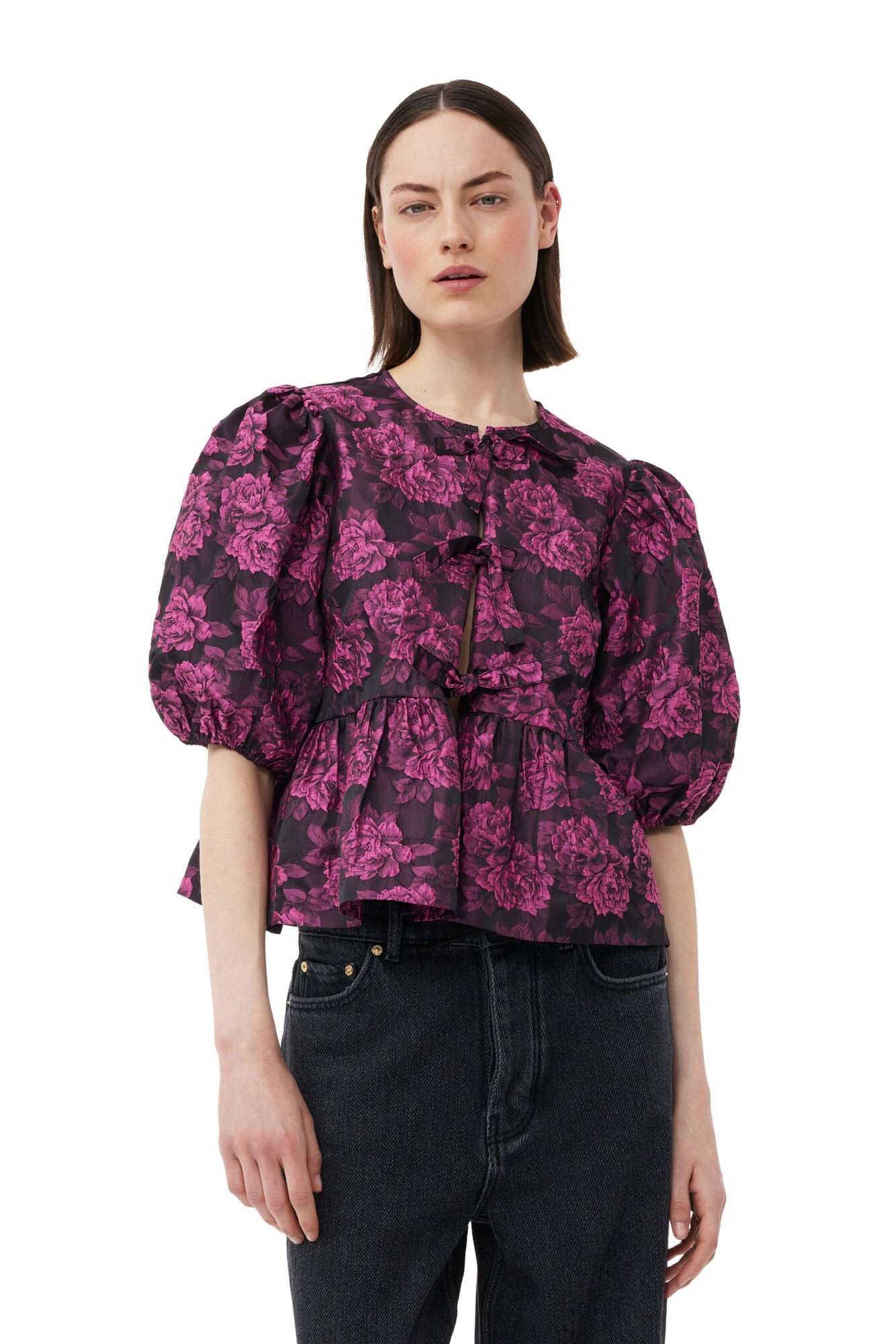 BOTANICAL JACQUARD PEPLUM BLOUSE